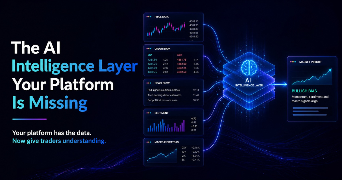 AI intelligence layer transforming trading platform data, including prices, news and market sentiment, into a clear market insight.
